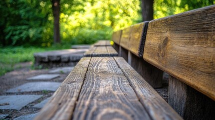 Fototapeta premium A close-up of the wooden seating in a rustic amphitheatre, with the natural grain of the wood visible. The seating is simple and unadorned, adding to the rustic charm of the setting. The background