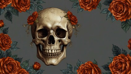 Skull and roses frame on transparent background, Boho Halloween design.