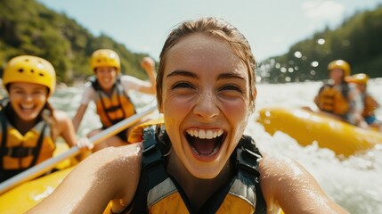 A joyous group of friends in helmets and life vests share hearty laughter on a bright river rafting trip, capturing the essence of camaraderie and adventure.
