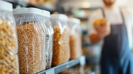 Close-up of a person in an apron arranging grains in clear plastic jars on a shelf, highlighting an organized, efficient, and visually appealing kitchen or store environment.