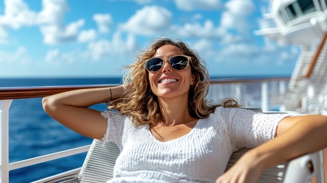 A woman is leaning back on a deck chair on a cruise ship, basking in the warmth of the bright sunny blue sky, surrounded by the expansive ocean view, epitomizing relaxation.