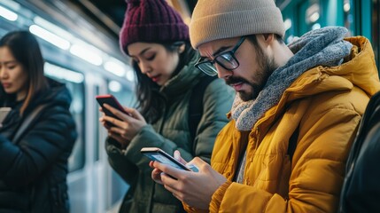 Fototapeta premium A group of people in a subway station engaged with their smartphones, highlighting urban life and the impact of technology on social interaction.