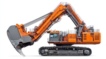 Fototapeta premium Large orange excavator with a long arm and a large bucket.