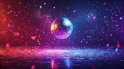 Vibrant New Year's Eve 2023 Celebration Vector Illustration with Disco Ball, Confetti, and Fireworks for Party Invitations and Greeting Cards