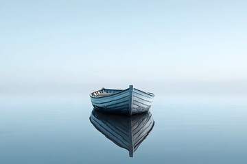 A small wooden fishing boat rests peacefully on the calm blue water, reflecting the vast sky above - obrazy, fototapety, plakaty