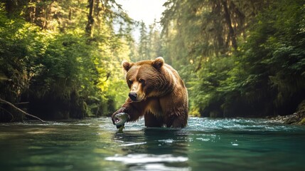 A bear catching a fish in a serene river surrounded by lush forest.