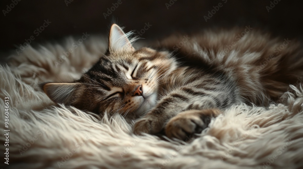 Poster a chubby cat napping on a fluffy rug, with its head resting on its paws and a peaceful, contented ex