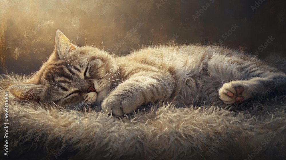 Poster a chubby cat napping on a fluffy rug, with its head resting on its paws and a peaceful, contented ex