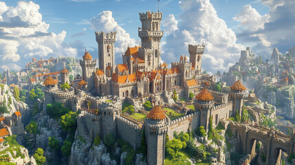 Fototapeta premium majestic medieval castle perched on rocky hill, surrounded by lush greenery and dramatic clouds. intricate architecture and vibrant colors evoke sense of wonder and adventure