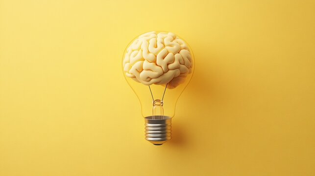 Light bulb with a brain inside on a yellow background.