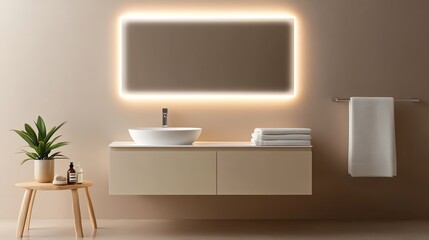 Beige minimalist bathroom with floating vanity and soft lighting, minimalist bathroom aesthetic, modern warmth