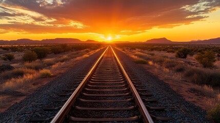 Fototapeta premium A single set of train tracks disappearing into the distance with a beautiful sunrise.