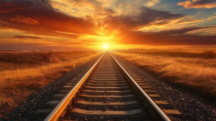 Railroad tracks vanishing into the sunset.