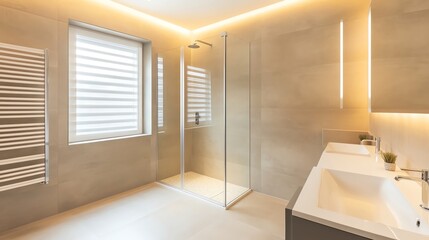 Clean beige and gray bathroom with recessed lighting and glass shower, minimalist bathroom aesthetic, contemporary tranquility
