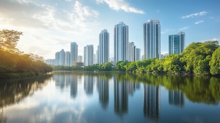 Naklejka premium A cityscape featuring contemporary high-rise buildings beside a river, with the river's surface mirroring the impressive structures and surrounding greenery.