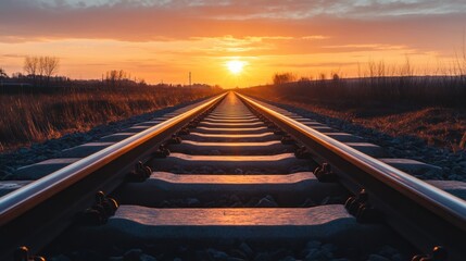 A pair of train tracks with a golden sunset in the background.