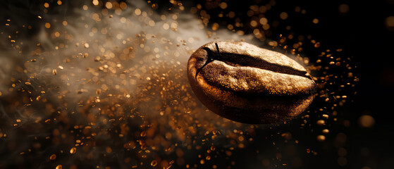 Close up of flying roasted coffee beans with golden shimmer, particles. Macro shot of coffee for advertising, cafe banner. Generative ai	