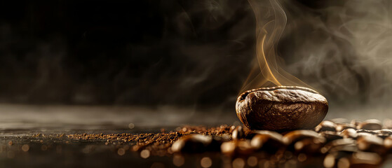 Close up of flying roasted coffee beans with golden shimmer, particles. Macro shot of coffee for advertising, cafe banner. Generative ai