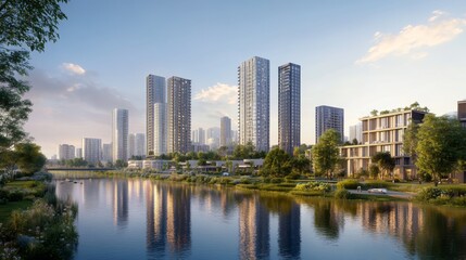 Naklejka premium A cityscape featuring contemporary high-rise buildings beside a river, with the river's surface mirroring the impressive structures and surrounding greenery.