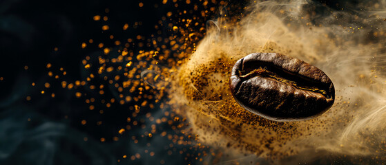 Close up of flying roasted coffee beans with golden shimmer, particles. Macro shot of coffee for advertising, cafe banner. Generative ai