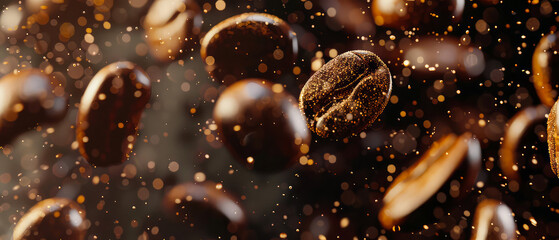 Close up of flying roasted coffee beans with golden shimmer, particles. Macro shot of coffee for advertising, cafe banner. Generative ai	