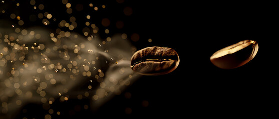 Close up of flying roasted coffee beans with golden shimmer, particles. Macro shot of coffee for advertising, cafe banner. Generative ai	