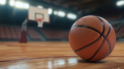 A classic basketball placed on a wooden court floor with a hoop and backboard in the background, emphasizing the texture and detail of the ball.