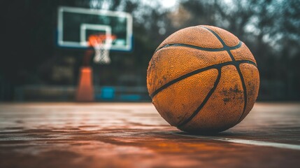 Fototapeta premium A classic basketball on a wooden court with a hoop and net in the background, showcasing the texture and detail of the ball against the court's surface.
