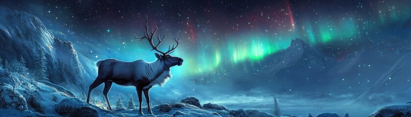 A majestic reindeer stands under a vibrant aurora borealis, surrounded by a serene winter landscape, evoking a sense of wonder.