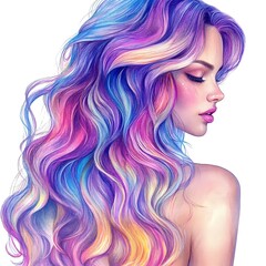 Watercolor Illustration of a Woman with Long, Colorful Hair.
