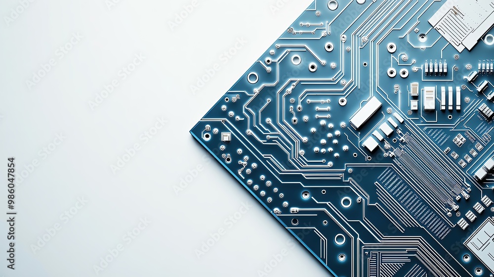 Poster close-up view of a blue printed circuit board with intricate patterns and electronic components for 