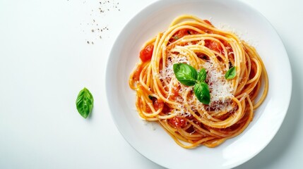 A classic Italian pasta dish with rich tomato sauce, basil, and Parmesan cheese, beautifully presented on a white plate against a clean, white background.