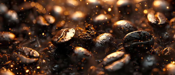 Close up of flying roasted coffee beans with golden shimmer, particles. Macro shot of coffee for advertising, cafe banner. Generative ai