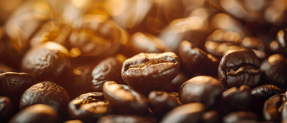 Obraz premium Coffee texture background. Close up of roasted coffee beans with particles. Macro shot of coffee for advertising, cafe banner. Generative ai 