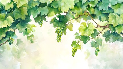 Watercolor Painting of Grape Vines with Green Grapes.