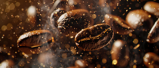 Close up of flying roasted coffee beans with golden shimmer, particles. Macro shot of coffee for advertising, cafe banner. Generative ai