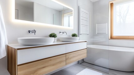Fototapeta premium Clean white bathroom with wood accents and recessed lighting, minimalist bathroom aesthetic, modern warmth