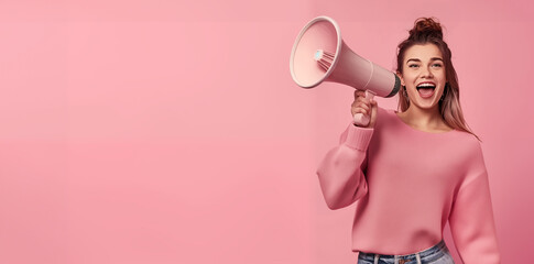 Happy young woman in a pink sweater,  announcing sale offers through a megaphone, isolated on a pastel pink background with copy space. Screaming into the megaphone. Studio portrait.
