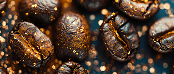 Close up of flying roasted coffee beans with golden shimmer, particles. Macro shot of coffee for advertising, cafe banner. Generative ai