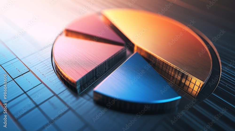 Poster a close-up of a 3d pie chart with metallic textures, its sections separated slightly to emphasize fi