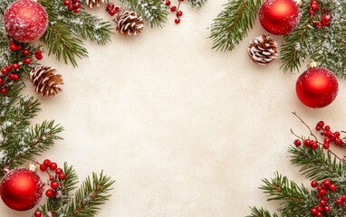Festive pine branches, red ornaments, and snow-dusted pinecones framing an empty beige background for holiday greetings.