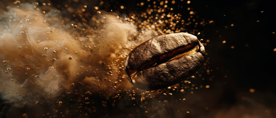 Close up of flying roasted coffee beans with golden shimmer, particles. Macro shot of coffee for advertising, cafe banner. Generative ai