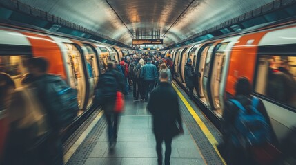 A busy subway station scene with commuters boarding and alighting trains in a blurred motion effect, highlighting urban transportation dynamics.