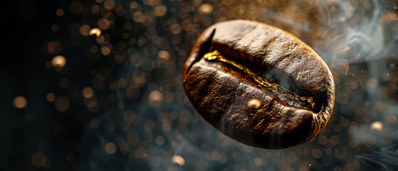 Close up of flying roasted coffee beans with golden shimmer, particles. Macro shot of coffee for advertising, cafe banner. Generative ai	
