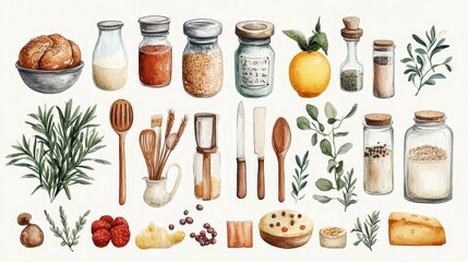 Whimsical Watercolor Baking Utensils and Ingredients Sticker Set for Planners and Recipe Books