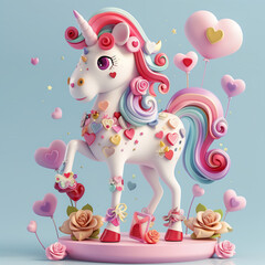 Obraz premium 3D Colorful Unicorn with Hearts and Gifts