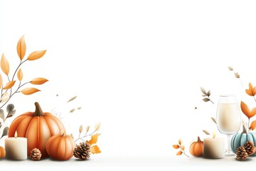Autumn pumpkins, candles, and leaves with a glass of milk on white isolate background