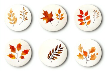 Collection of six autumn leaves illustration designs in circular frames.