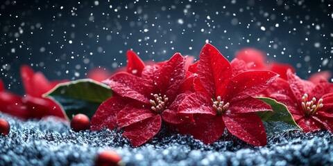 Red poinsettia flowers dusted with snow, creating a vibrant Christmas display against a dark background.