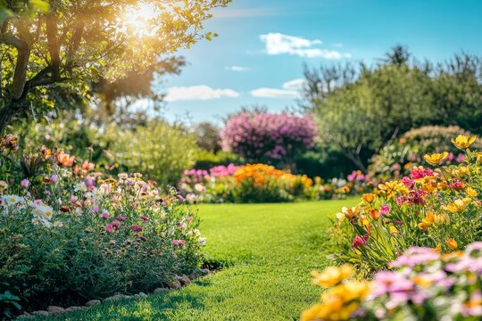A beautiful spring garden with colorful flowers and lush greenery, perfect for springtime promotions and seasonal marketing